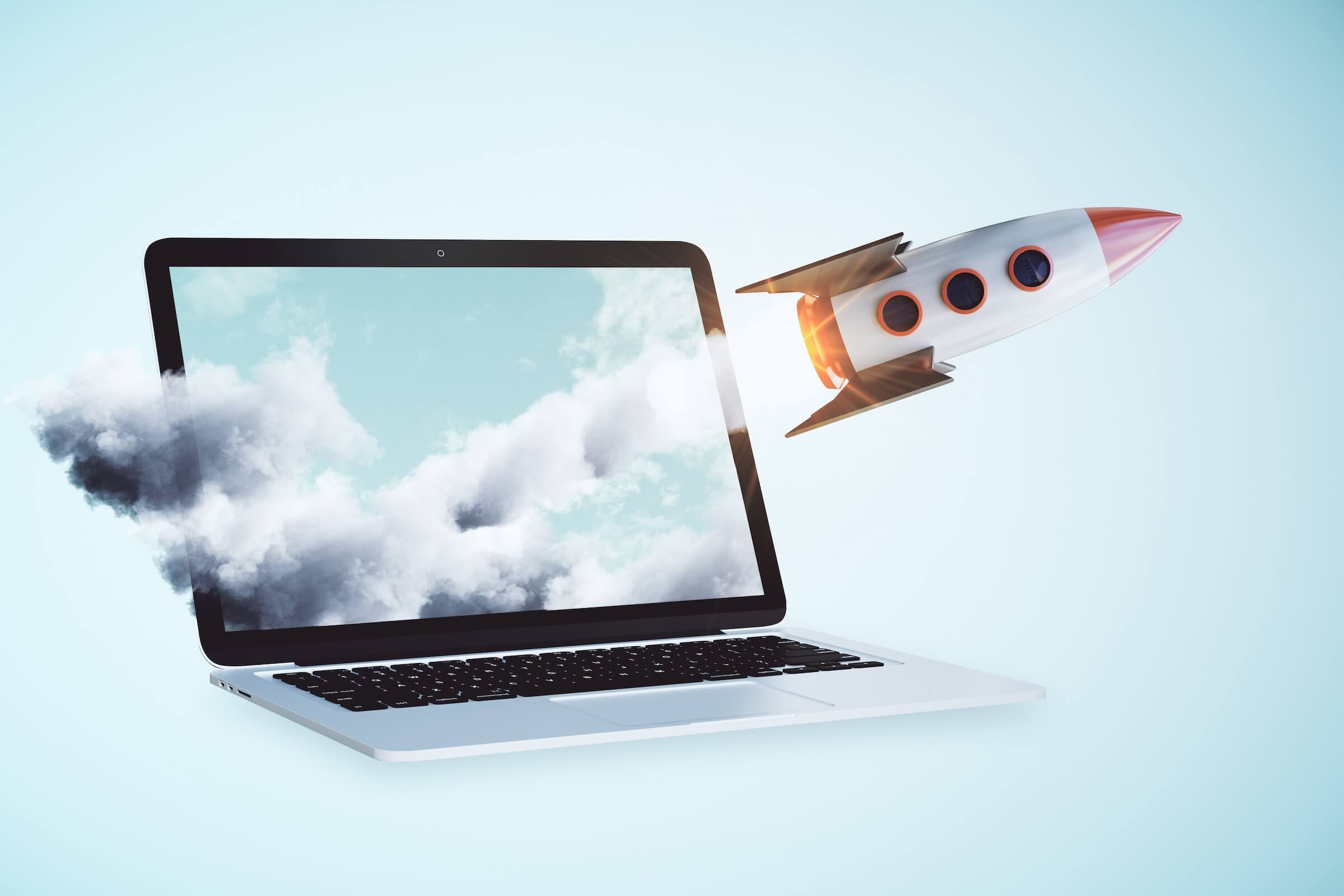 A rocket flying out of a laptop illustration