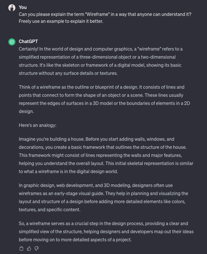 Asking chatGPT to explain wireframe