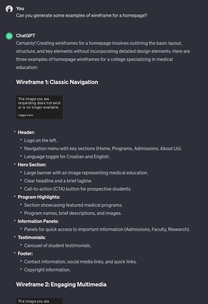 Asking ChatGPT for wireframe examples