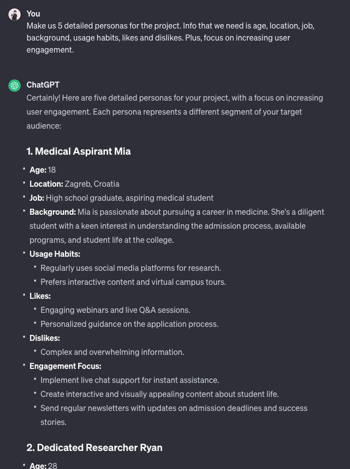 Asking ChatGPT to give us detailed personas for the project.